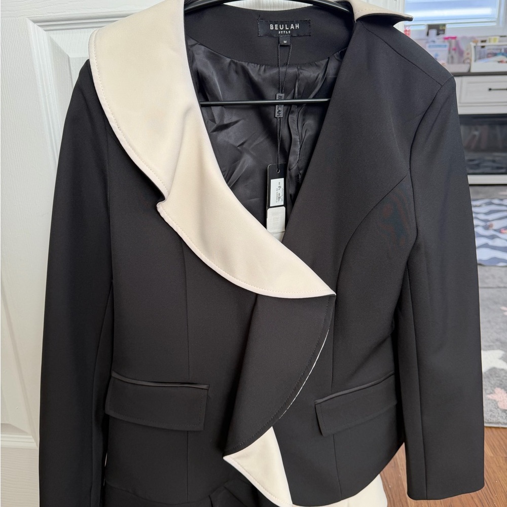 Beulah Black and Cream Ruffle Blazer